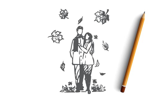 Autumn, couple, love, fall, romantic concept. Hand drawn couple in love walking under leaf fall concept sketch. Isolated vector illustration.