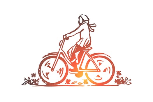 Autumn, bicycle, fall, park, ride concept. Hand drawn person cycling on bike concept sketch. Isolated vector illustration.