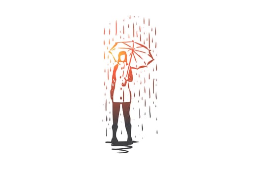 Autumn, rain, umbrella, season, weather concept. Hand drawn woman standing with an umbrella under rain concept sketch. Isolated vector illustration.