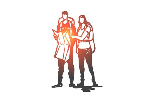 Tourists, map, travel, route, journey concept. Hand drawn man and woman traveling together concept sketch. Isolated vector illustration.