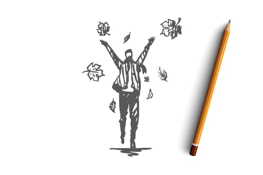 Autumn, man, fall, leaf, season concept. Hand drawn man walking in time of leaf fall concept sketch. Isolated vector illustration.