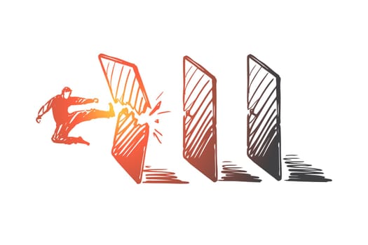 Achievement, goal, startup, businessman, success concept. Hand drawn man break borders and achieve a goal concept sketch. Isolated vector illustration.