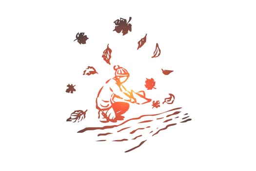 Autumn, boy, river, season, paper concept. Hand drawn boy play with handmade boats concept sketch. Isolated vector illustration.