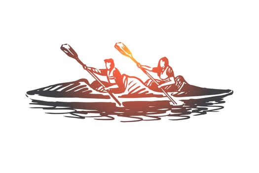 Kayak, sport, water, paddle, canoe concept. Hand drawn two persons in kayak concept sketch. Isolated vector illustration.