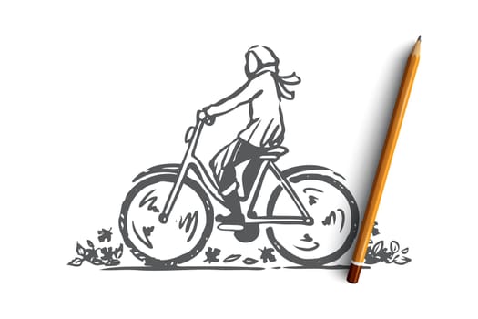 Autumn, bicycle, fall, park, ride concept. Hand drawn person cycling on bike concept sketch. Isolated vector illustration.