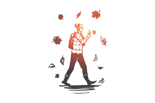 Autumn, man, fall, walking, season concept. Hand drawn man walking with a smartphone under leaf fall concept sketch. Isolated vector illustration.