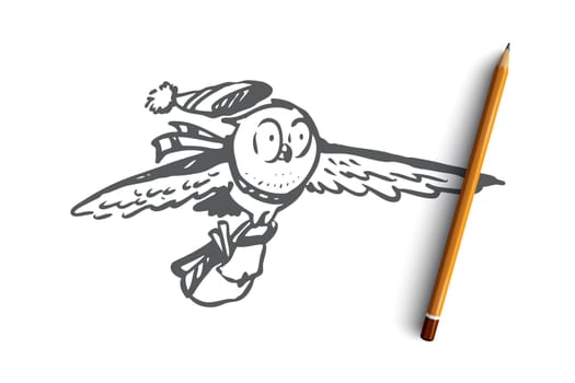 School, animal, owl, fly, study concept. Hand drawn animal character owl flying to school concept sketch. Isolated vector illustration.
