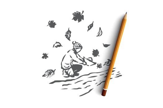 Autumn, boy, river, season, paper concept. Hand drawn boy play with handmade boats concept sketch. Isolated vector illustration.