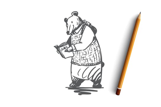 School, animal, bear, read, book concept. Hand drawn animal character bear read the book concept sketch. Isolated vector illustration.
