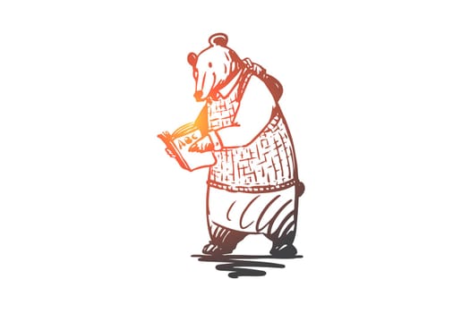 School, animal, bear, read, book concept. Hand drawn animal character bear read the book concept sketch. Isolated vector illustration.