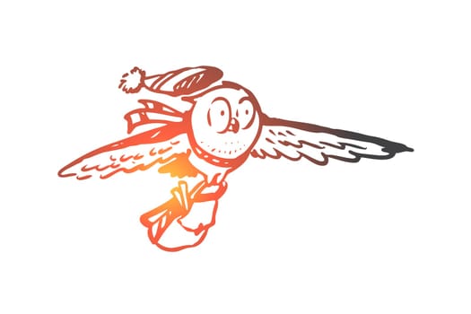 School, animal, owl, fly, study concept. Hand drawn animal character owl flying to school concept sketch. Isolated vector illustration.