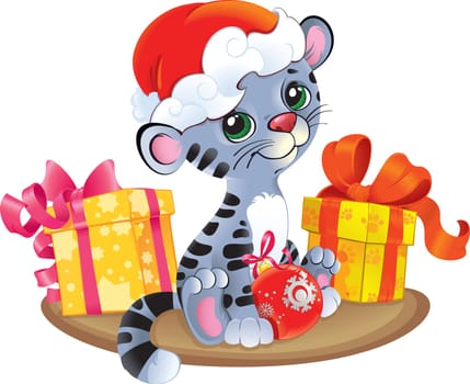 The Black Water Tiger - Symbol of Chinese Horoscope for New Year 2022.Cute Symbol of Chinese Horoscope..Happy 2022 New Year card. .Cute little tiger with Christmas gifts wishes you joy and happy New Year.