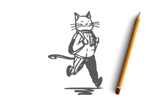 School, animal, fun, study, character concept. Hand drawn animal character cat goes to school concept sketch. Isolated vector illustration.
