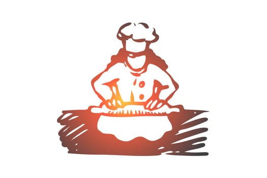 Girl, cook, roll, dough, food concept. Hand drawn girl cook rolls dough concept sketch. Isolated vector illustration.
