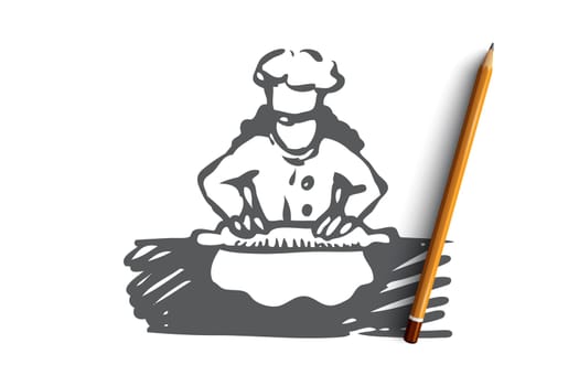Girl, cook, roll, dough, food concept. Hand drawn girl cook rolls dough concept sketch. Isolated vector illustration.