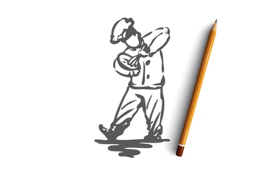 Boy, cook, whips, dough, baker concept. Hand drawn boy cook whips dough concept sketch. Isolated vector illustration.