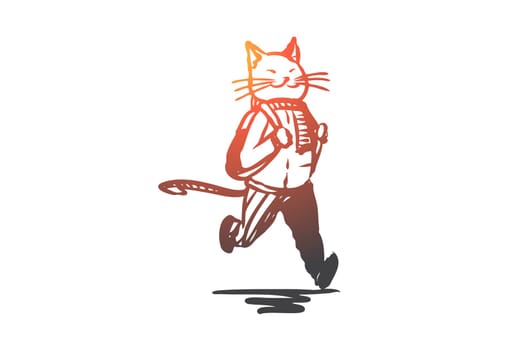 School, animal, fun, study, character concept. Hand drawn animal character cat goes to school concept sketch. Isolated vector illustration.