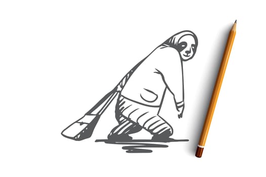School, animal, panda, bag, education concept. Hand drawn animal character panda goes to school with bag concept sketch. Isolated vector illustration.