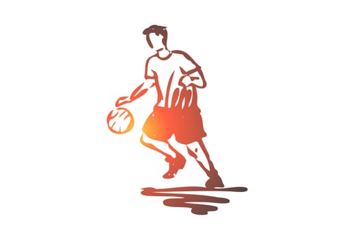 Boy, sport, basketball, ball, sport concept. Hand drawn teen boy playing basketball concept sketch. Isolated vector illustration.