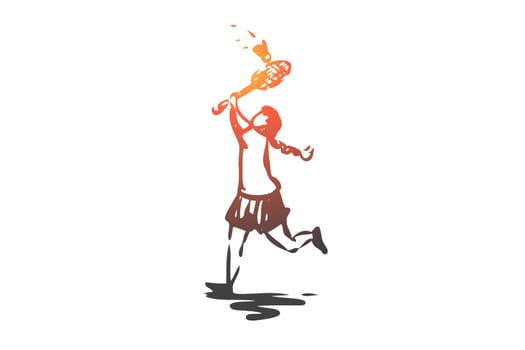 Girl, badminton, racket, game, sport concept. Hand drawn little girl plays badminton concept sketch. Isolated vector illustration.
