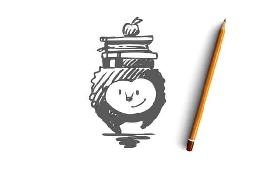 School, animal, hedgehog, book, apple concept. Hand drawn animal character hedgehog holds books concept sketch. Isolated vector illustration.
