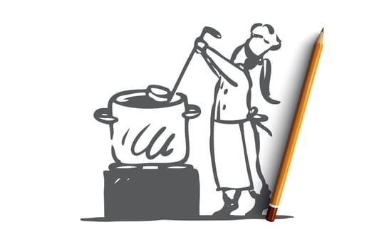 Girl, cooking, soup, pan, chef concept. Hand drawn little cook girl cooking soup concept sketch. Isolated vector illustration.