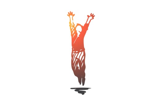 Man, jumping, active, health, motion concept. Hand drawn happy male person jumping concept sketch. Isolated vector illustration.