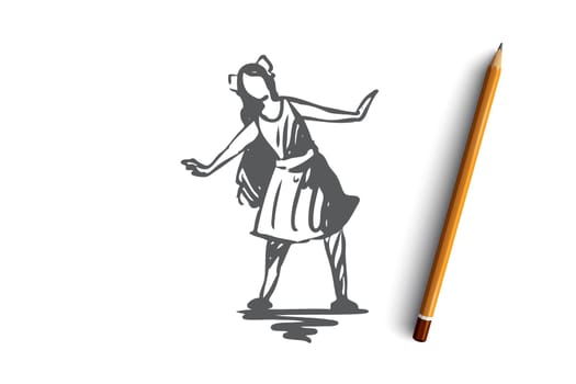 Girl, dress, cute, pretty, hair concept. Hand drawn fun girl with long hair posing concept sketch. Isolated vector illustration.