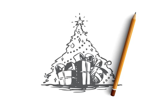 Christmas, tree, gift, holiday, celebration concept. Hand drawn festive Christmas tree and gifts concept sketch. Isolated vector illustration.