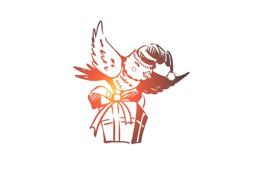 Christmas, bird, gift, greeting, celebration concept. Hand drawn festive bird flying with Christmas gift concept sketch. Isolated vector illustration.