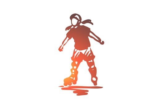 Girl, rollerblading, skate, child, active concept. Hand drawn little girl rollerblading concept sketch. Isolated vector illustration.