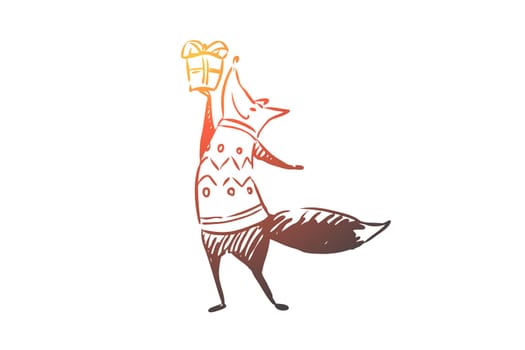 Christmas, fox, gift, greeting, celebration concept. Hand drawn funny fox with Christmas gift concept sketch. Isolated vector illustration.