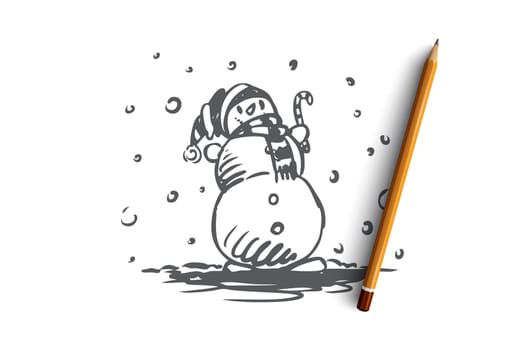 Snowman, winter, cold, december, ice concept. Hand drawn snowman with hat and scarf concept sketch. Isolated vector illustration.