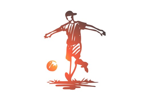 Boy, sport, soccer, ball, child concept. Hand drawn teen boy playing football concept sketch. Isolated vector illustration.