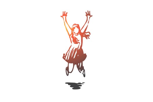 Girl, happy, jump, childhood, joy concept. Hand drawn happy girl jumping concept sketch. Isolated vector illustration.