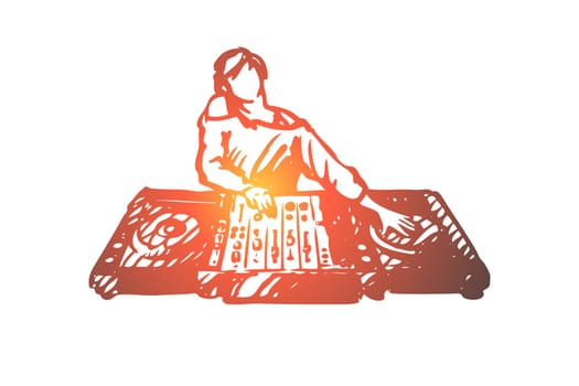DJ, music, club, disco, party concept. Hand drawn DJ in nightclub concept sketch. Isolated vector illustration.