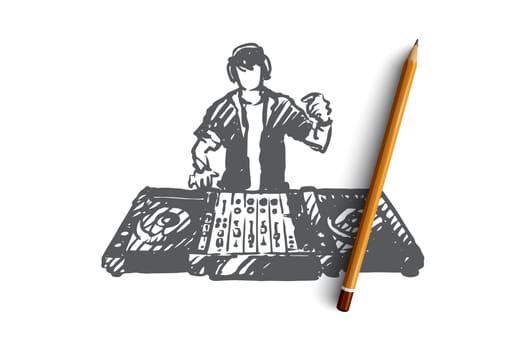 DJ, music, club, disco, party concept. Hand drawn DJ in nightclub concept sketch. Isolated vector illustration.