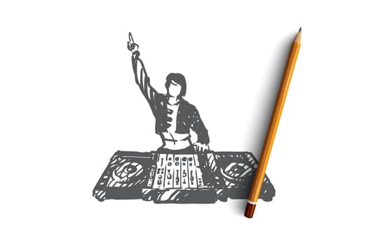 DJ, music, club, disco, party concept. Hand drawn DJ in nightclub concept sketch. Isolated vector illustration.
