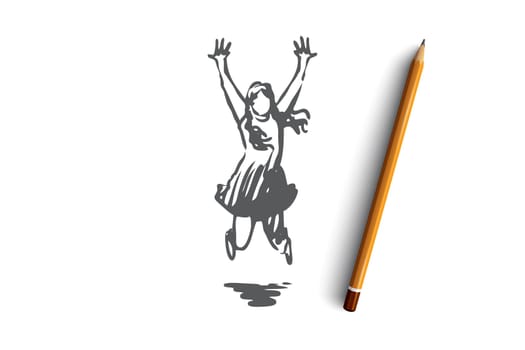 Girl, happy, jump, childhood, joy concept. Hand drawn happy girl jumping concept sketch. Isolated vector illustration.