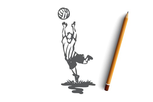 Boy, volleyball, sport, play, active concept. Hand drawn little boy playing volleyball concept sketch. Isolated vector illustration.