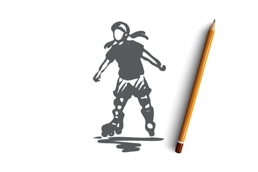 Girl, rollerblading, skate, child, active concept. Hand drawn little girl rollerblading concept sketch. Isolated vector illustration.