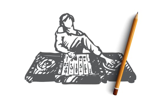 DJ, music, club, disco, party concept. Hand drawn DJ in nightclub concept sketch. Isolated vector illustration.