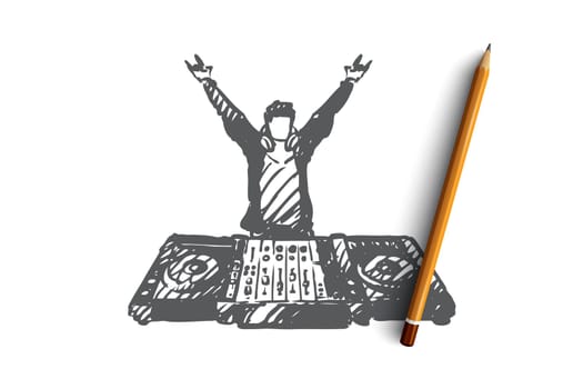 DJ, music, club, disco, party concept. Hand drawn DJ in nightclub concept sketch. Isolated vector illustration.