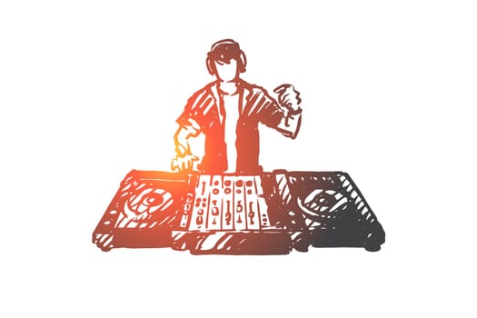 DJ, music, club, disco, party concept. Hand drawn DJ in nightclub concept sketch. Isolated vector illustration.