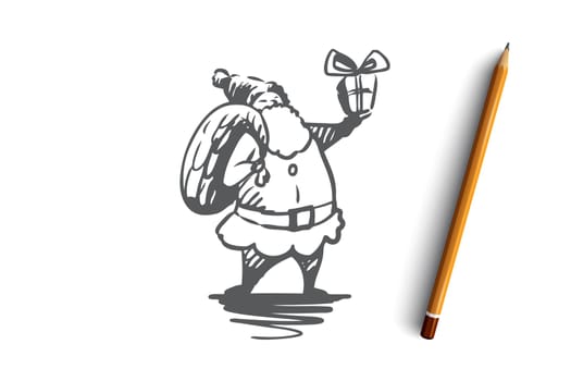 Santa Claus, gift, holiday, present concept. Hand drawn festive Santa Claus with Christmas gifts concept sketch. Isolated vector illustration.