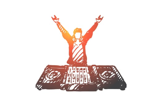 DJ, music, club, disco, party concept. Hand drawn DJ in nightclub concept sketch. Isolated vector illustration.