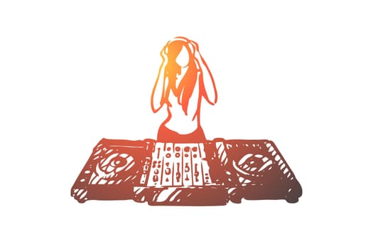 DJ, music, club, disco, party concept. Hand drawn DJ in nightclub concept sketch. Isolated vector illustration.