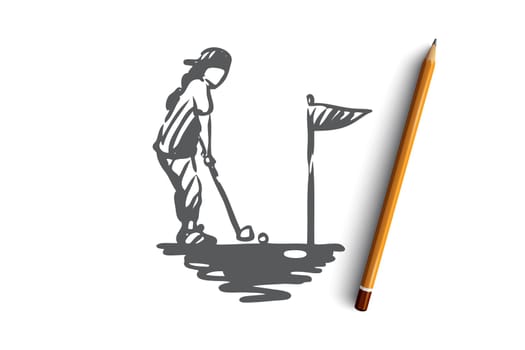 Girl, golf, racket, golfing, sport concept. Hand drawn little girl playing golf concept sketch. Isolated vector illustration.