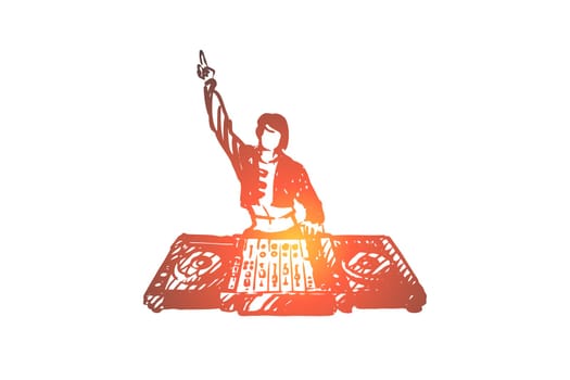 DJ, music, club, disco, party concept. Hand drawn DJ in nightclub concept sketch. Isolated vector illustration.
