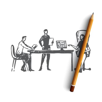 Colleagues, office, discussion, social, network concept. Hand drawn colleagues in office discussing a project concept sketch. Isolated vector illustration.